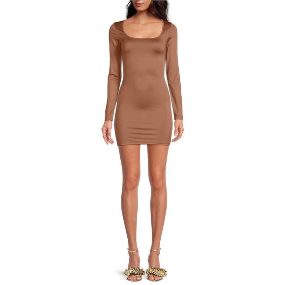 Gianni Bini NWT Brown Icon Knit Scoop Neck Long Sleeve Mini Dress Size Large - Picture 1 of 8